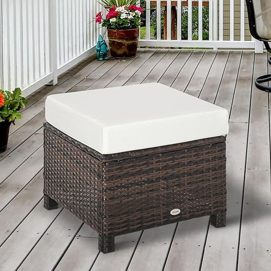 Outsunny 20" Patio Wicker Ottoman, Multipurpose Outdoor PE Rattan Footrest, Additional Seating, Side Table with Soft Cushion, Brown, White