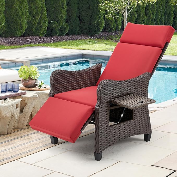 HOMREST Outdoor Recliner Chair with Flip-up Table Set of 2, Rattan Armchair with Adjustable Backrest up to 150°, Wicker Lounge Chair with Integrated Footstool & Removable Cushion for Gardens, Burgundy