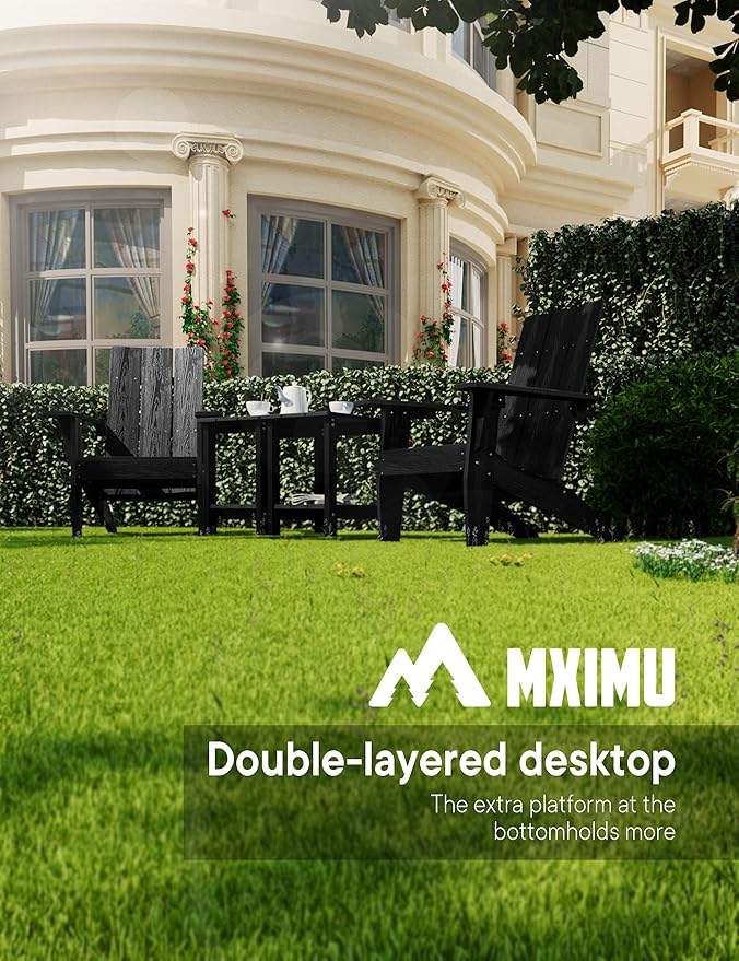 MXIMU Outdoor Side Table for Patio: 16" HIPS Weatherproof Adirondack Table - Small End Tables with Storage for Outside Porch Deck Pool Balcony Backyard - 2 Tier Easy Assembly No Maintenance Black