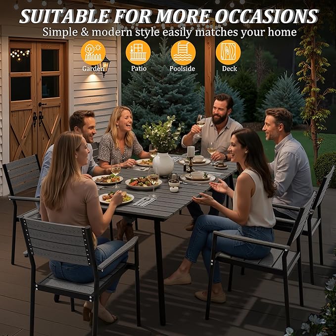 70" Patio Outdoor Dining Table for 6, Weather-Resistant Aluminum Frame with Wood-Grain Top & Umbrella Hole for Deck Gatherings, Dark Grey