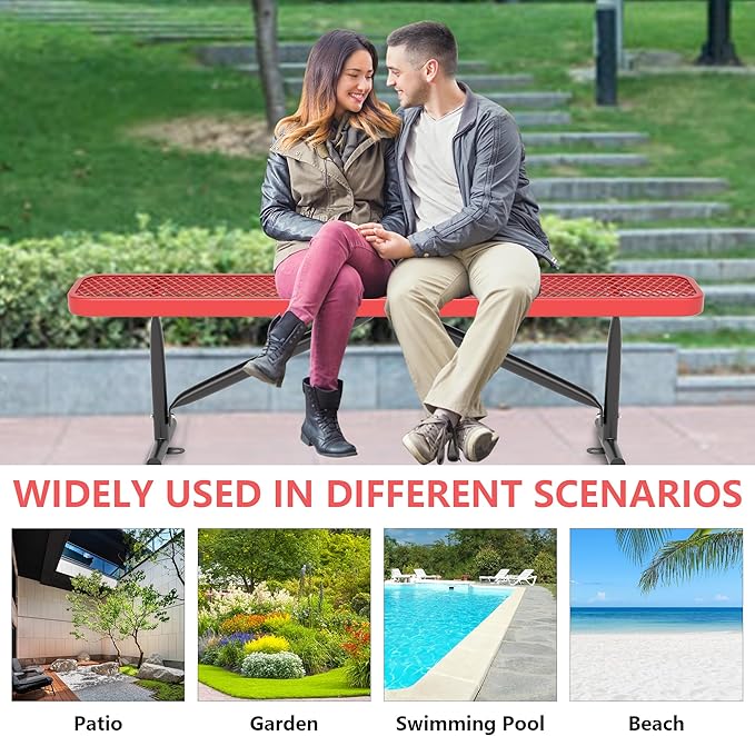 Outdoor Garden Benches, 6 ft Steel Picnic Bench Porch Chair Furniture Patio Seating, Commercial Expanded Metal Mesh Bench for Outside, Lawn, Backyard, Park, Deck, Garden, Patio, School (Red, 6FT)