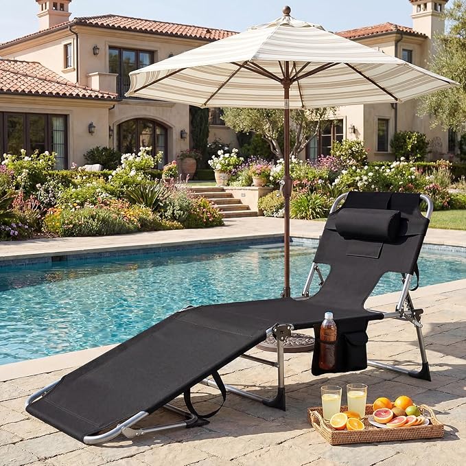GYMAX Tanning Chair with Face Hole, Sun Bathing Lounge Chairs for Outside with Side Pocket, Folding Portable Face Down Layout Tanning Chair Beach, Backyard, Poolside, Lawn (Black,1)