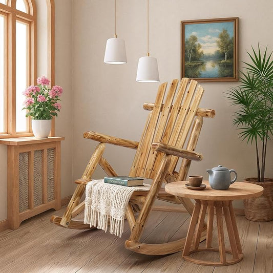 Outvita Wooden Rocking Chair Set of 2, Fir Log Adirondack Rocker, Outdoor Wood Accent Furniture Lounge Chairs for Garden Patio Backyard Porch (Light carbonized)