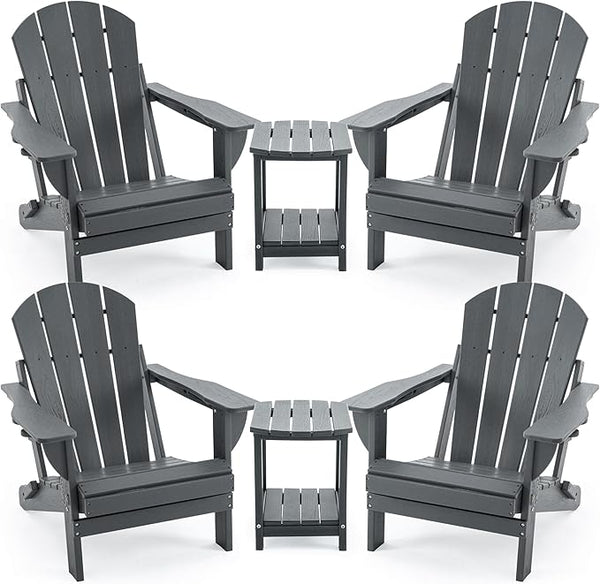 4 Chairs & 2 Tables Folding Adirondack Chair Set with Side Table – HDPE Weatherproof Outdoor Patio Chairs with - Photo 1