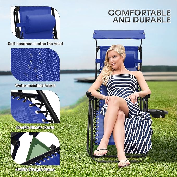 Athena Collection Folding Zero Gravity Chair with Canopy, Adjustable Lounge Chair Recliner, Outdoor Lawn Chair Camping Chairs Beach Chaise Chairs with Headrest & Cup Holder for Patio Pool, Blue