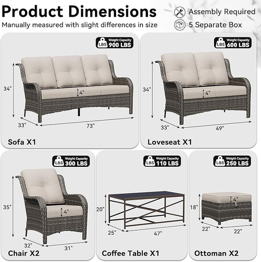 7 Piece Outdoor Wicker Patio Furniture Set, Patio Chairs Set with Thickened Olefin Cushions, High Back and Deep Seating, Hand-Woven PE Rattan, Ottoman for Porch, Deck