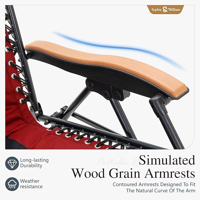 Sophia & William Oversized XXL Zero Gravity Chair, Padded Recliner Outdoor Gravity Chair with Free Cup Holder, Supports 400 LBS (Red)