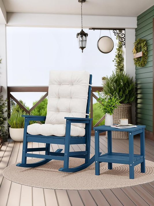 KINGYES Oversized Outdoor Rocking Chair with Cushion, All-Weather Patio Rocking Chairs, HDPE Porch Rocker for Adults, 350 lbs Capacity, Blue Chair with Beige Cushion