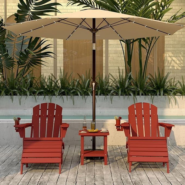 Red 6-Piece Folding Adirondack Chair Set with Cup Holders, Ottomans, Side Table & Beige 9FT Patio Umbrella with Base - Photo 1