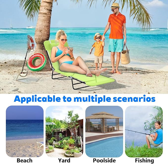 Outdoor Tanning Chair with Pillow, Folding Chaise Lounge Chair with Adjustable Backrest, Portable Lay Flat Beach Lounge Chairs for Sunbathing Poolside Patio Lawn Camping(Green 2)