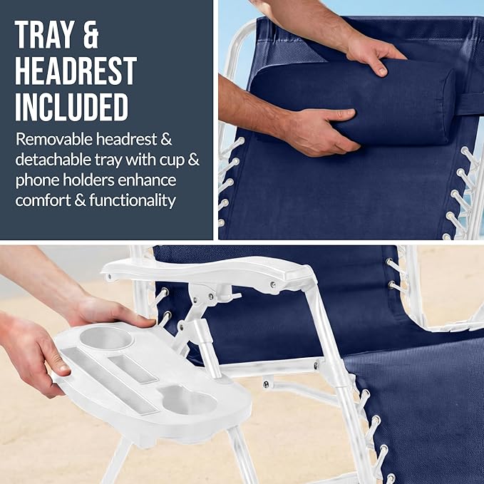 Best Choice Products Set of 2 Extra Wide Adjustable Steel Mesh Zero Gravity Lounge Chair Recliners w/Pillows and Cup Holder Trays - Navy/White