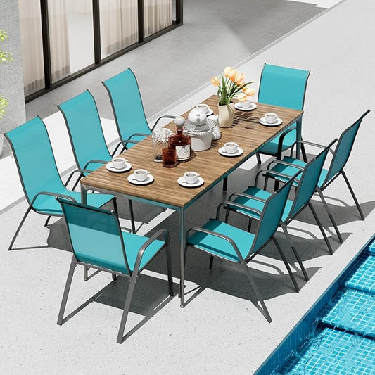 TLSUNNY Patio Chairs, Stackable Textilene Outdoor Dining Furniture for All Weather, with 17.7″ Wide Seat & Metal Frame, for Garden, Backyard, Deck, Restaurant, Poolside (8, Turquoise Blue, 26.4″)