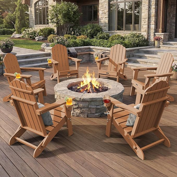 Adirondack Chairs Set of 6, Fire Pit Chairs, Wood Texture Patio Chairs with 2 Cup Holder, Outdoor Lawn Chair, Teak - Photo 1