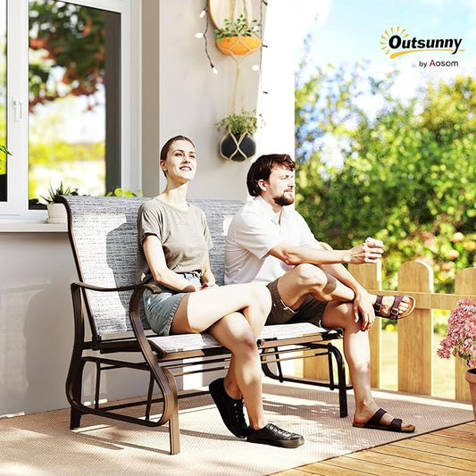 Outsunny 2-Person Outdoor Glider Bench,Patio Glider Loveseat Chair with Powder Coated Steel Frame,2 Seats Porch Rocking Glider for Backyard, Lawn, Garden and Porch, Mixed Gray