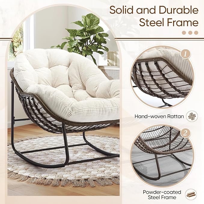 Large Indoor Rocking Chair Set of 2, Oversized Rocking Papasan Chair with Thick Cushion and Frame, Comfy Corduroy Rocker Wicker Egg Chairs Lounge Reading Chair for Living Room, Bedroom, White