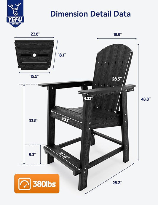 YEFU Balcony Chair, Tall Adirondack Chair Set of 2 with Connecting Tray, Poly Lumber Adirondack Chair Bar Stools, Patio Stools, 380lbs, Weather Resistant for Outdoor Deck Lawn Pool Backyard-Black