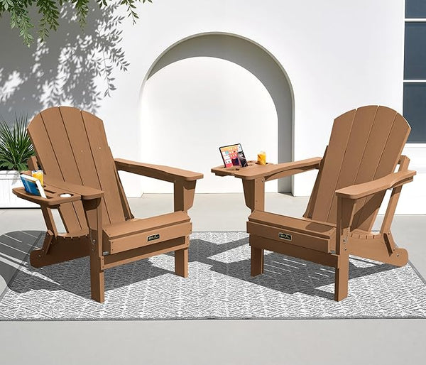 SERWALL Folding Adirondack Chair Set of 2, Outdoor Chairs with 4 in 1 Cup Holder, Wood Texture Adirondack Chairs - Photo 1