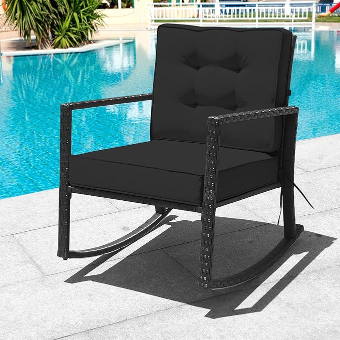 Tangkula Wicker Rocking Chair, Outdoor Glider Rattan Rocker Chair with Heavy-Duty Steel Frame, Patio Wicker Furniture Seat with 5” Thick Cushion for Garden, Porch, Backyard, Poolside (2, Black)