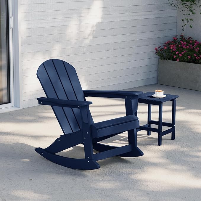 Costaelm Outdoor Adirondack Chair, All Weather Resistant Classic Balcony Chair and Fire Pit Chairs, Adirondack Plastic Outdoor Porch Furniture Rocking Chair High Back HDPE Poly Lumber, Navy Blue