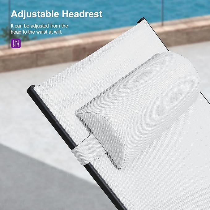 PURPLE LEAF Patio Chaise Lounge with 10' x 6.5' Tilt Umbrella Outdoor Lounge Chair Beach Pool Sunbathing Lawn Lounger, Base and Side Table Included, White