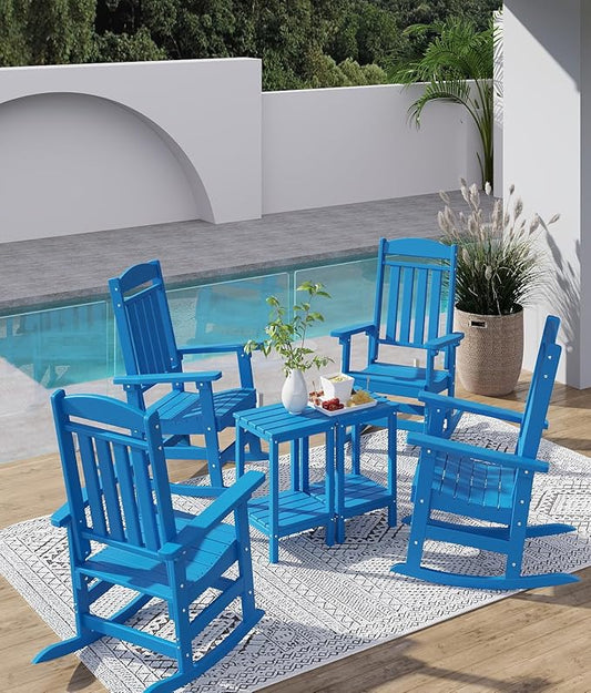 FOOWIN Outdoor Rocking Chair Set of 2, High Back Patio Rocking Chair, HDPE All Weather Resistant Porch Rocker for Adult, Oversized Rocking Chairs for Garden, Lawn, Indoor & Outdoor Use, Pacific Blue