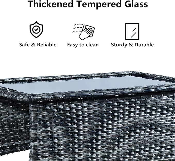 Rilyson Patio Tables Wicker Coffee Table - Outdoor Rattan Coffee Tables with Glass Top for Patio Proch Deck Balcony Rectangle Mixed Grey