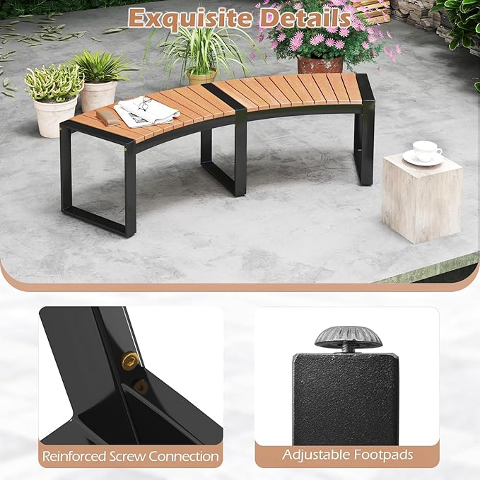 Tangkula Patio Curved Bench Set of 2, Acacia Wood Fire Pit Bench w/Slatted Seat & Metal Legs, Outdoor Backless 2-Person Seating for Yard, Garden, Porch, 800 LBS Max Load, Oil Painted