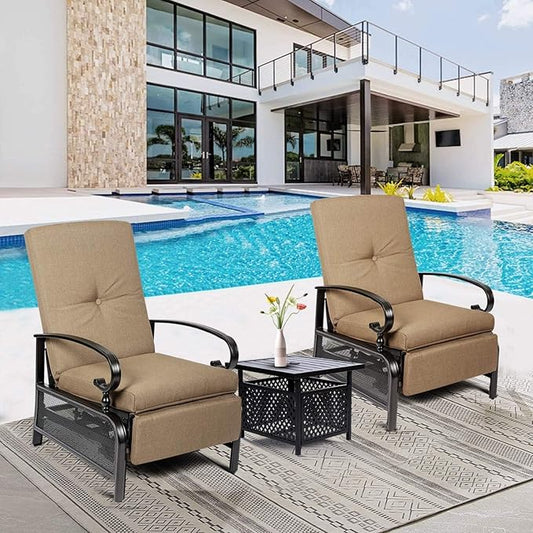 Incbruce 3 Pieces Outdoor Lounge Recliner Set, 2 Adjustable Metal Recliner Sofa Chair and Umbrella Stand Side Square Table Suitable for Garden, Pool, Yard (Brown)