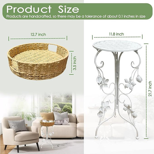 Outdoor Metal Patio Folding Side Table with Removable Wicker Tray, Boho Woven Rattan Plant Stand, Small Round Coffee end Table (Seagrass, White)