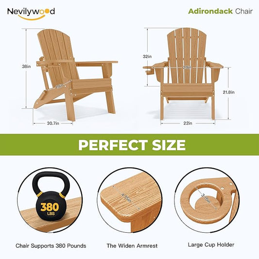 nevilywood HDPE Foldable Fire Pit Chairs Set of 2 with Cup Holders, Wood Grain, Durable Design, Perfect for Patio, Backyard & Outdoor Gatherings, Teak