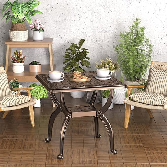 Square Outdoor Coffee Table Set of 2, Cast Aluminum Side Table with Storage,Indoor End Table, All-Weather Bistro Table for Patio Garden Lawn, Bronze