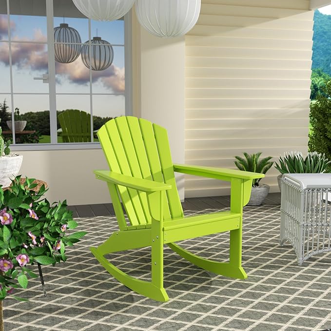 Costaelm Outdoor Adirondack Chair, All Weather Resistant Lawn Chairs Balcony Chair and Fire Pit Chairs, Deck Chairs Outdoor Porch Rocking Chair High Back HDPE Poly Lumber, Lime
