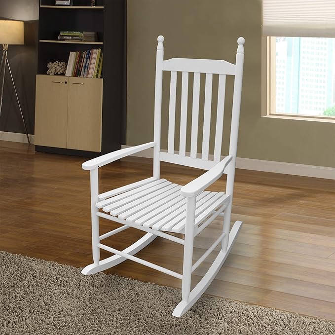 Wood Rocking Chair with High Back and Armrest for Indoor Outdoor Use, Wooden Frame Patio Porch Rocking Chair with Rocker, Front Porch Chairs for Deck Garden Lawn Balcony Backyard, White