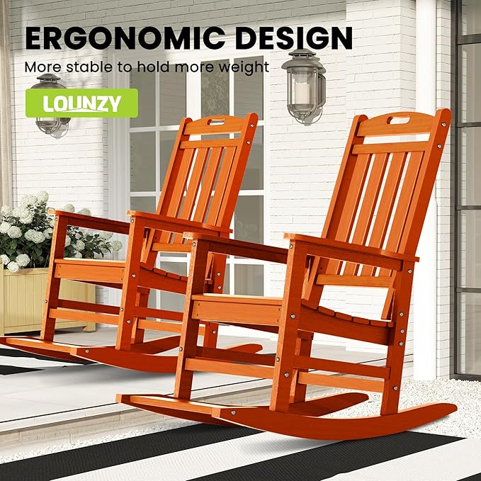 LOUNZY Outdoor Rocking Chair with Footboards Set of 2, HDPE Rocking Chair Patio Porch Rocker with 380lbs Support for Adult, Orange