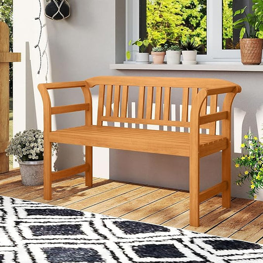 RELAX4LIFE Acacia Wood Outdoor Bench - 2 Person Patio Loveseat with Backrest and Armrests, 47 inch Garden Bench for Porch, Backyard, Lawn and Poolside, 800 lbs Weight Capacity