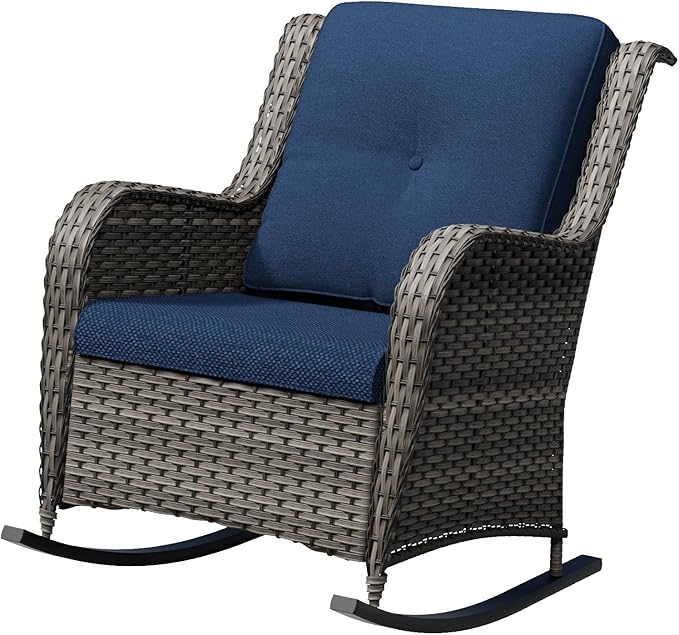 Outdoor Rocking Chair, Wicker Patio Chair with Thickened Olefin Cushions, High Back and Deep Seating, Hand-Woven PE Rattan for Porch, Deck, Balcony, Blue