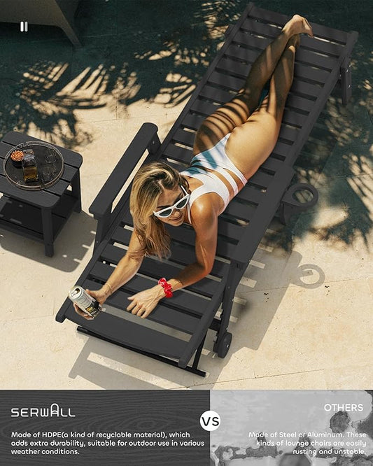 SERWALL Patio Chaise Lounge Chair Set of 2, 78'' Long 5-Positions Adjustable HDPE Outdoor Lounger for Pool, Poly Lounge Chair with Rolling Wheels & Cup Holder for Poolside, Deck, Black
