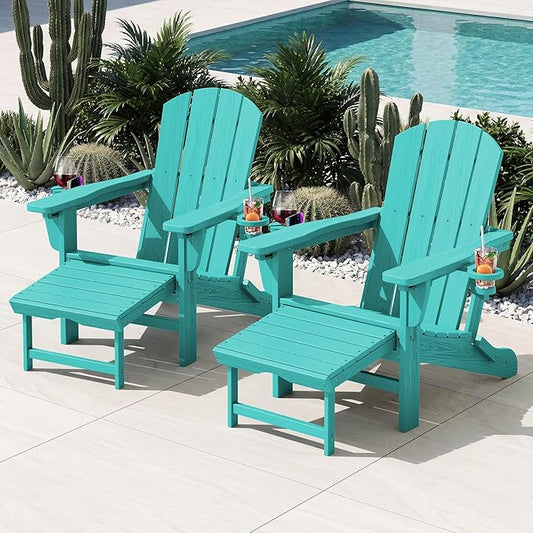 KINGYES Folding Adjustable Adirondack Chair with Ottoman & 2 Cup Holders, HDPE Adirondack Recliner Chair with Footrest, Aruba