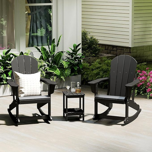 IVY&LANE Adirondack Rocking Chair | Porch-Rocker | HDPE Plastic | Weatherproof | Black | for Outdoor Patio Deck Backyard