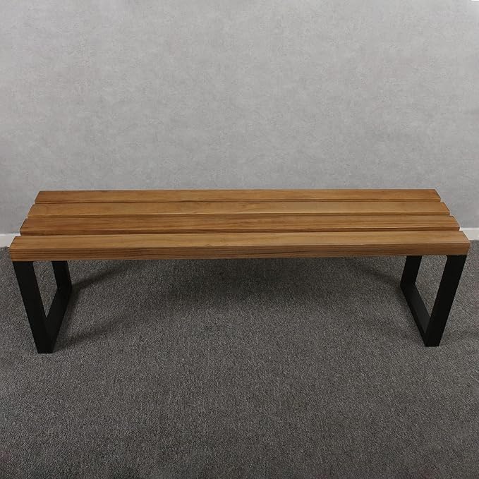 MBQQ Outdoor Soild Wood Bench,55 inch Patio Picnic Bench,Oil Finished Backless Wooden Garden Park Bench for Patio Porch, Modern Slim Indoor Dining Furniture,Sandblast Finish/Rustic Metal,Teak Color
