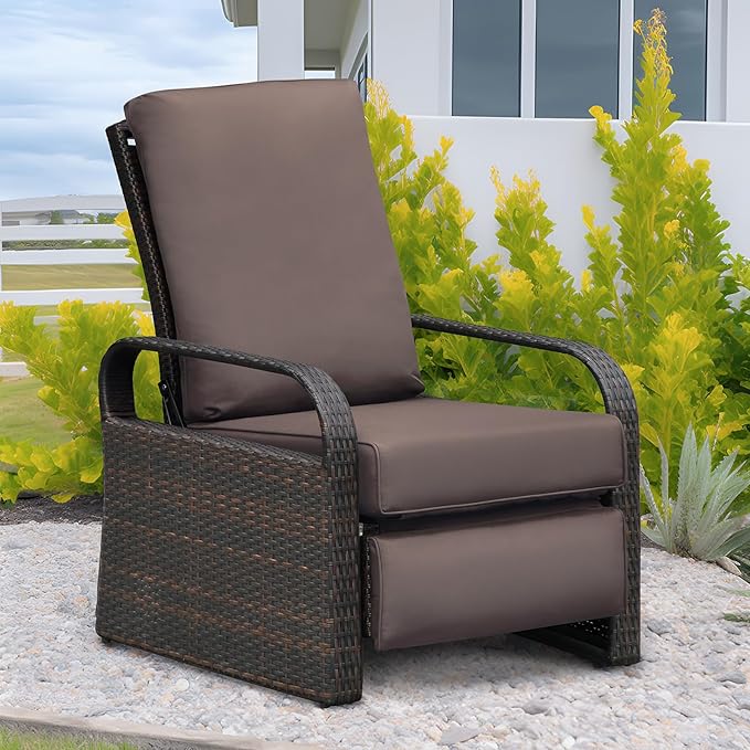 ATR ART TO REAL Outdoor Recliner, Outdoor Wicker Recliner Chair with 5.5'' Thickness Cushions, Automatic Adjustable Rattan Patio Chaise Lounge Chairs, Aluminum Frame, Anti-UV and Rustless (Dark Brown)