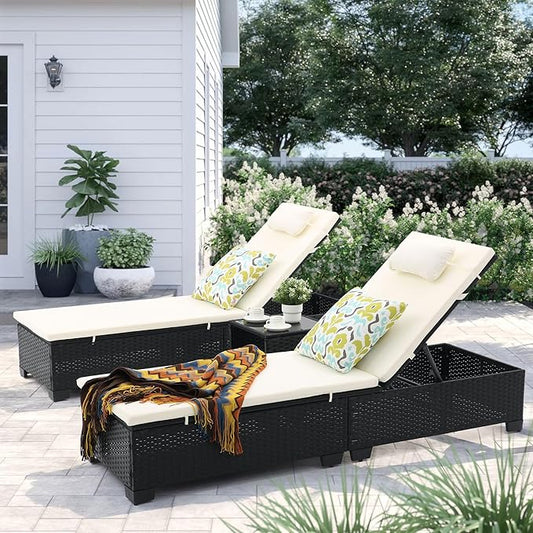 3 PCS Patio Chaise Lounge with Coffee Table Cushion&Pillow Outdoor Lounge Chair Chaise Lounger Patio Reclining Chair 5 Angle Adjustment Black PE Rattan for Courtyards Poolside (Beige)