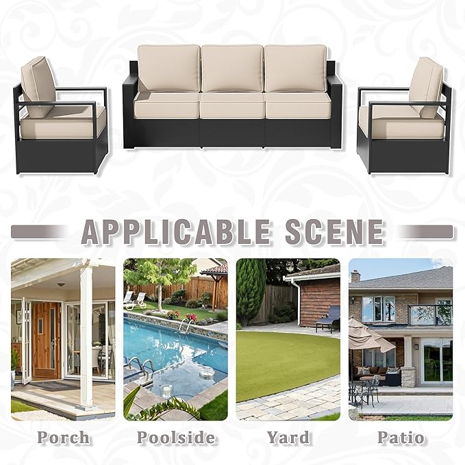 Outdoor Aluminum Furniture Set, 3-Piece Patio Conversation Set, 2 Chairs and 1 Sofa, All-Weather Metal Frame, 6" Thick Removable Cushions, Deep Setting for Garden, Poolside and Porch