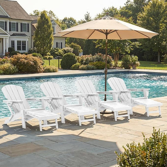 LOUNZY Folding Adjustable Adirondack Chair with Footrest Set of 4,HDPE Recliner Adirondack Chair with Cup Holder for Deck Lawn Fire Pit, White