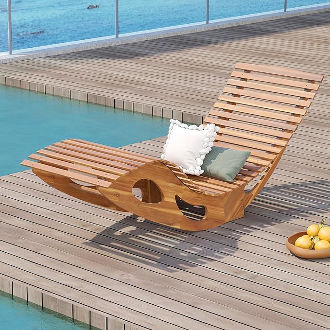 Giantex Acacia Wood Outdoor Rocking Chair, Patio Lounge Chair with Ergonomic Curved & Slatted Seat, High Back, Bottom Stopper, Outside Chaise Lounge, 63”x23.5”x26” Pool Lounger for Porch, Yard (1)