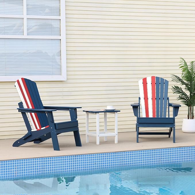 Aoodor Folding Adirondack Chair HDPE Outdoor All-Weather Chair for Patio, Garden, Backyard, Lawn, Fire Pit, Set of 4, Red&White&Blue