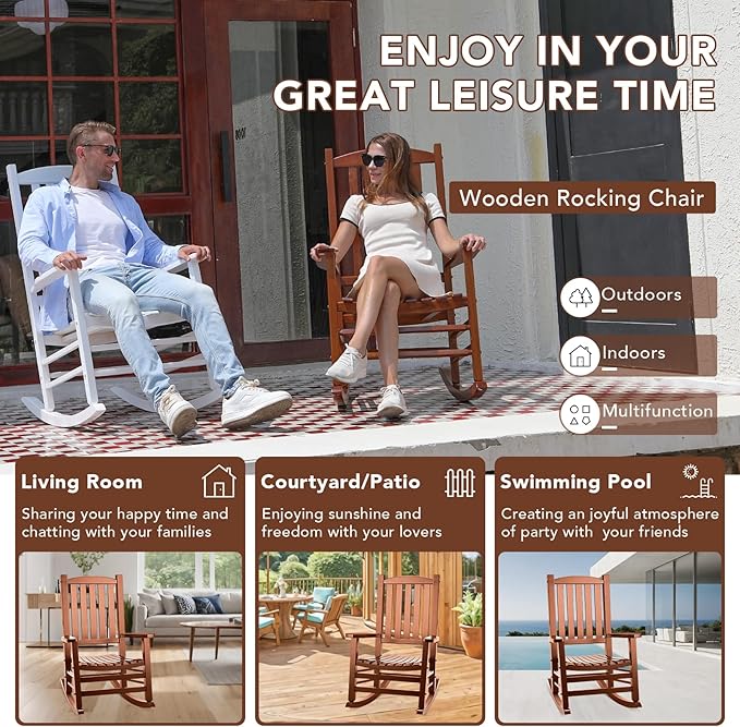 Wooden Outdoor Rocking Chair, Oversized Patio Rocking Chair w/400lbs Support & High Backrest | Porch, Lawn, Garden, Backyard,Natural
