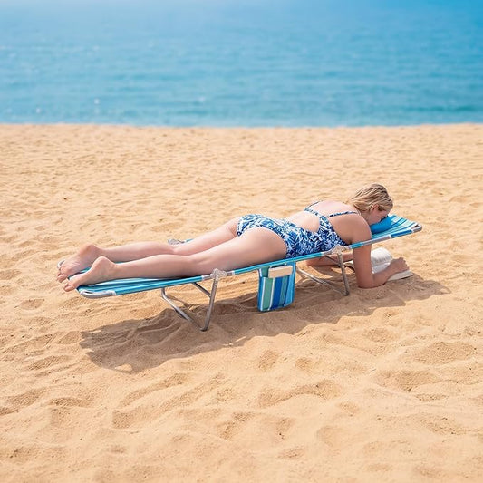 Romswi 2PK Folding Tanning Beach Chair with Face Hole, 5-Position Reclining Sun Lounger, Portable Face Down Tanning Chair with Arm Holes & Side Pocket for Beach, Pool, Patio, Teal and Aqua Stripe