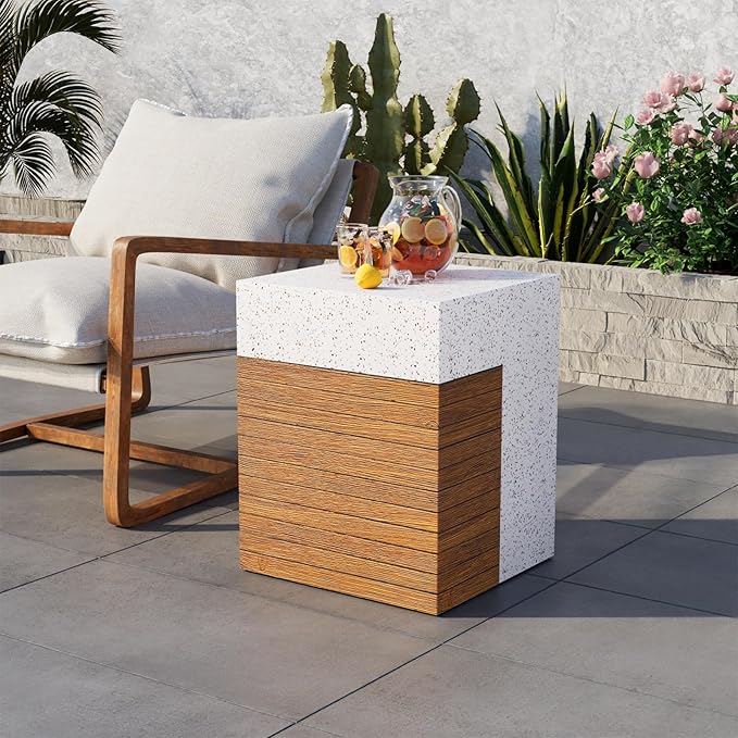 COSIEST Concrete Side Table, Rectangular Outdoor End Table w Faux Wood Design,15''Patio Side Tables End Table, Outdoor Accent Side Tables for Garden and Patio, Terrazzo