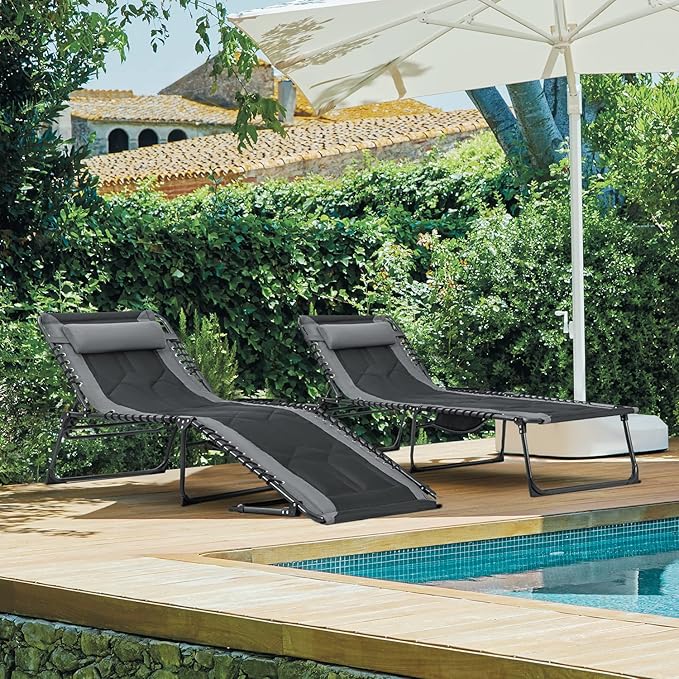 Flamaker Folding Chaise Lounge Outdoor Portable Lounge Chairs 4-Position Adjustable Camping Lounge Chair with Pillow & Side Bag Lightweight Recliner Sunbathing Chair for Pool Beach Deck (Grey)